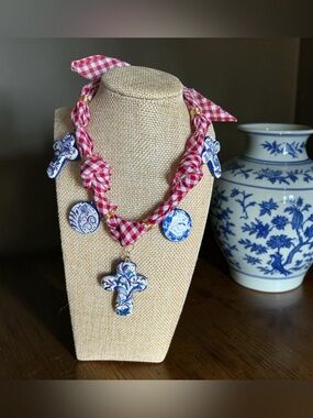 New handcrafted, cold press, clay blue Chinese Chinoiserie Cross Necklace